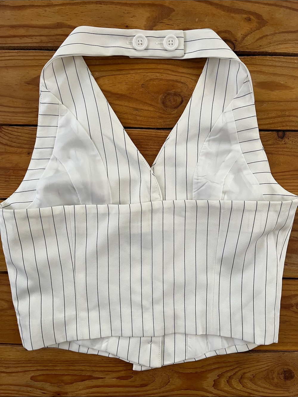 Pinstripe Two-Piece Vest and Wide-Leg Pant Set - White with Black Pinstripes - Picture 4 of 5